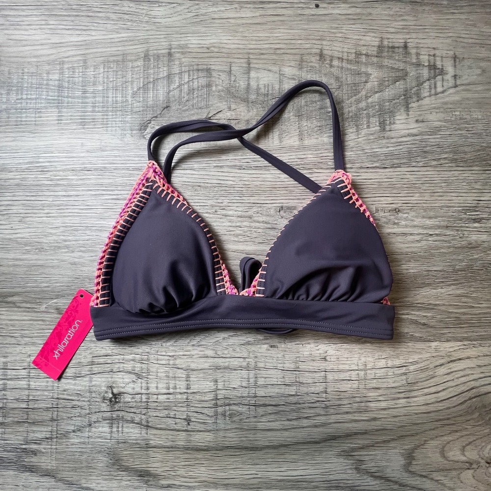 Xhilaration Bikini Top Womens Small Steel‎ Blue Pink Crochet Trim Triangle New